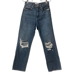 SLVRLAKE London Cropped Distressed High-Rise Straight Leg Jeans 25 Medium Wash